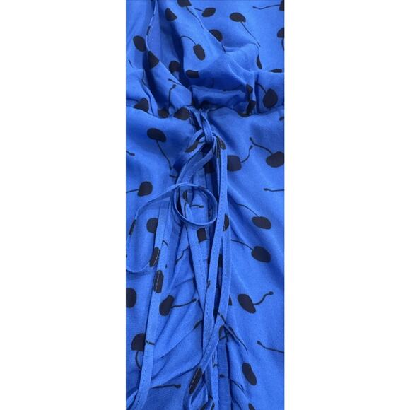 Karina Grimaldi Dress Women’s Size 4 Blue Black Cherry Print Ruched FLAWED - Picture 7 of 16